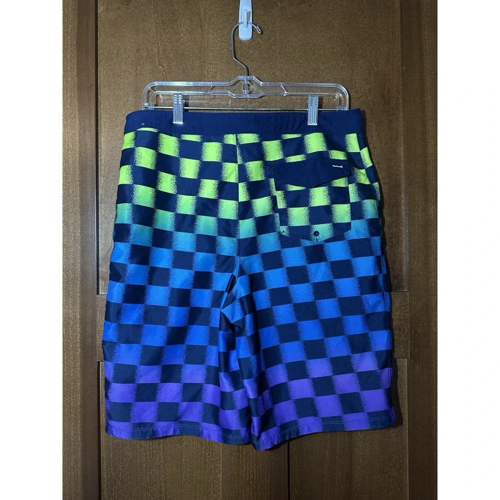 Hurley Board Shorts Mens 20x30 Blue Green Purple Checkered Swim Trunks‎